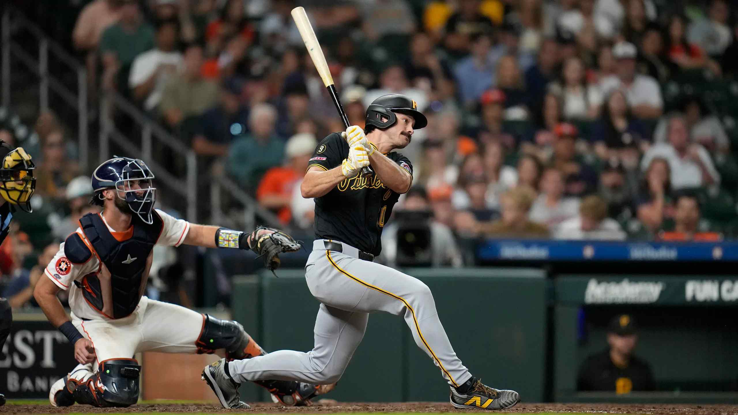 Pittsburgh Pirates first baseman Ryan O'Hearn swinging a baseball.